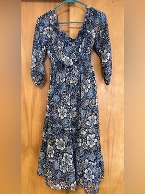 Patrons of Peace Navy and White Floral Off The Shoulder Smocked Dress